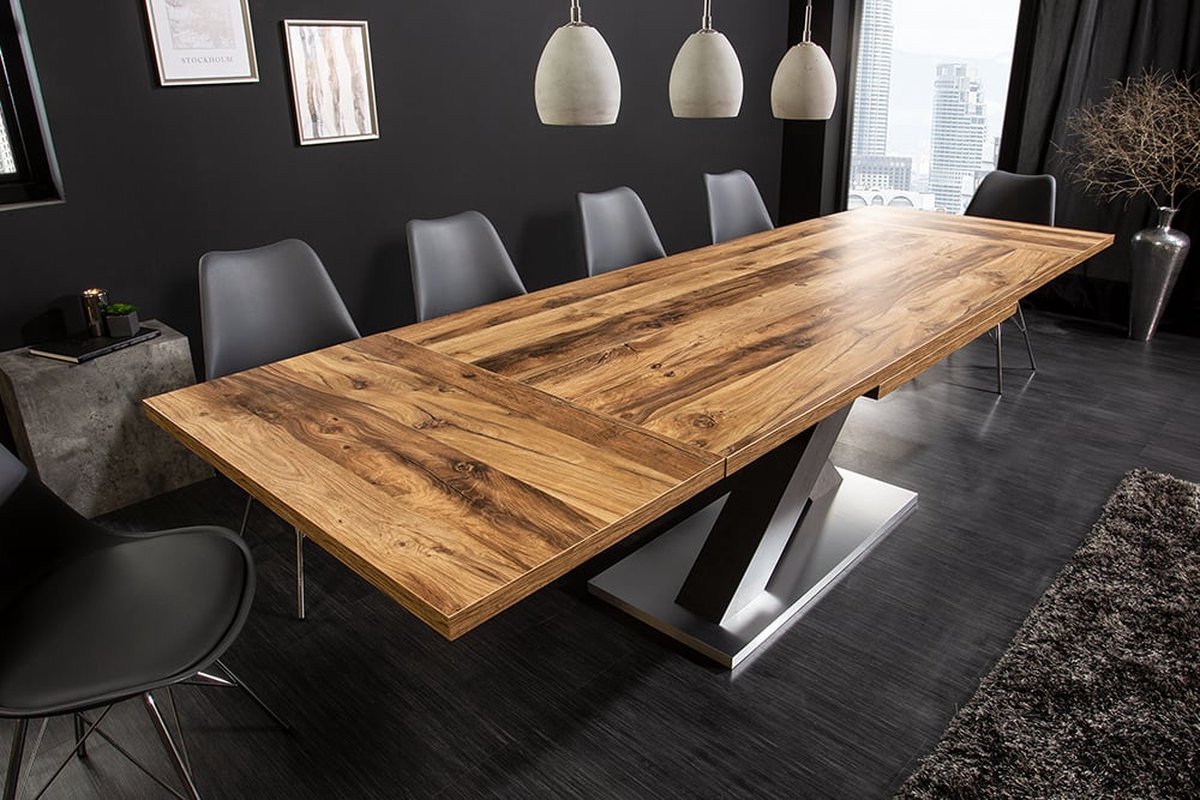 Uitschuifbare eettafel MONTREAL 180-230-280cm plank eiken met X-frame van gelamineerd hout