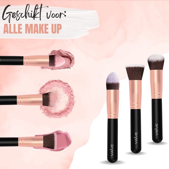 VAIVE make-upkwasten met poeder, oogschaduw en foundation op roze achtergrond.