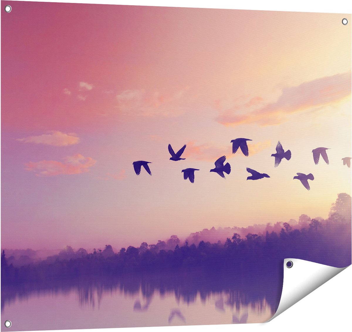 Gards Tuinposter Silhouet Vogels tijdens Zonsondergang - 100x80 cm - Tuindoek - Tuindecoratie - Wanddecoratie buiten - Tuinschilderij Multikleur