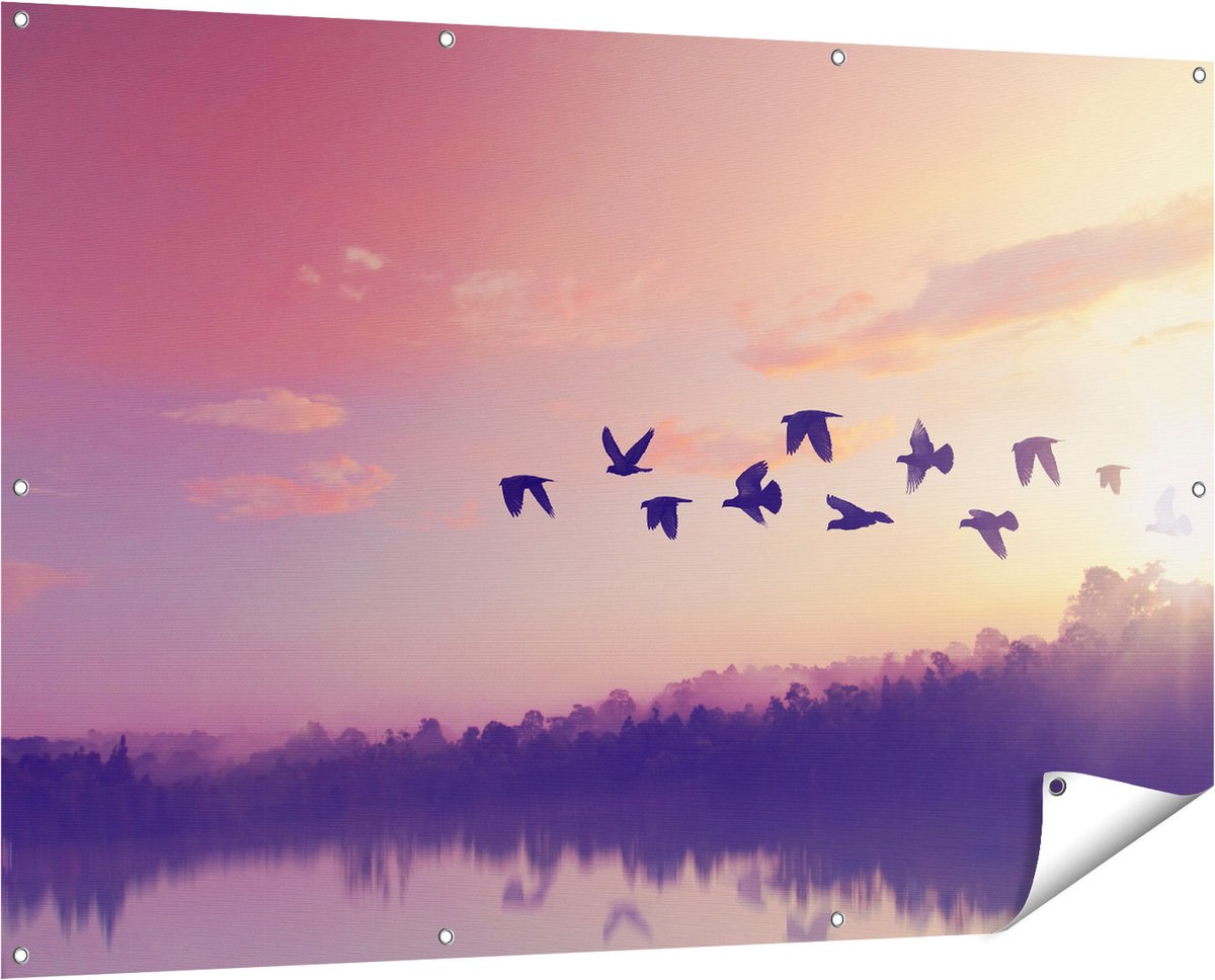 Gards Tuinposter Silhouet Vogels tijdens Zonsondergang - 150x100 cm - Tuindoek - Tuindecoratie - Wanddecoratie buiten - Tuinschilderij Multikleur
