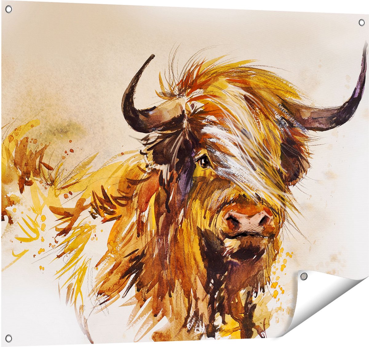 Gards Tuinposter Schotse Hooglander Koe - Abstract - 100x80 cm - Tuindoek - Tuindecoratie - Wanddecoratie buiten - Tuinschilderij Multikleur