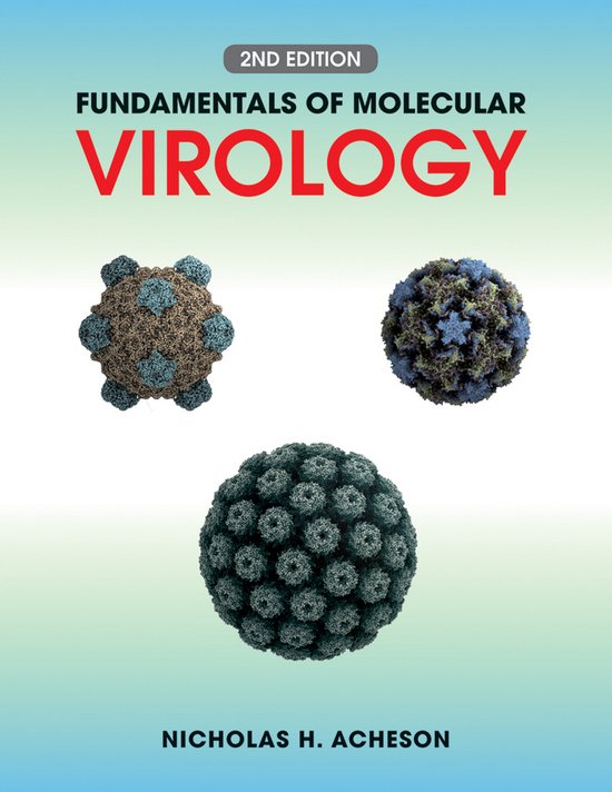 Boekomslag "Fundamentals of Molecular Virology", 2e editie, met drie virussen op de voorkant. Door Nicholas H. Acheson.
