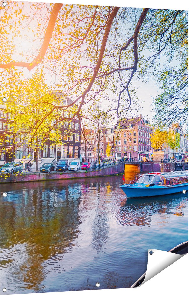 Gards Tuinposter Amsterdamse Gracht tijdens het Voorjaar - 90x120 cm - Tuindoek - Tuindecoratie - Wanddecoratie buiten - Tuinschilderij Multikleur