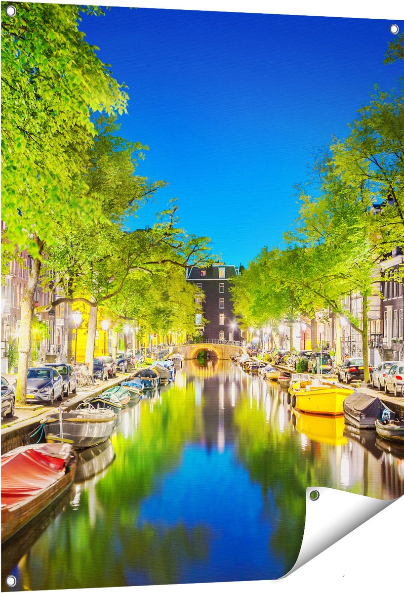 Gards Tuinposter Amsterdamse Gracht in de Nacht - 80x100 cm - Tuindoek - Tuindecoratie - Wanddecoratie buiten - Tuinschilderij Multikleur