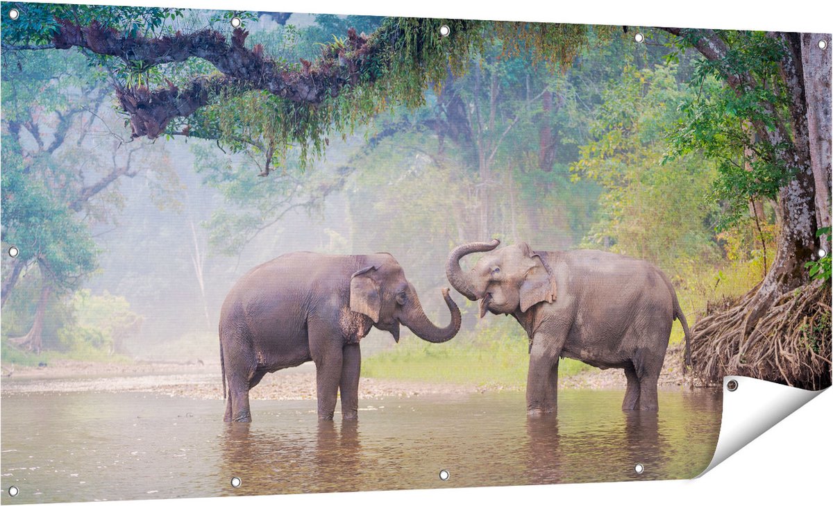 Gards Tuinposter Twee Olifanten in het Water - 160x80 cm - Tuindoek - Tuindecoratie - Wanddecoratie buiten - Tuinschilderij Multikleur