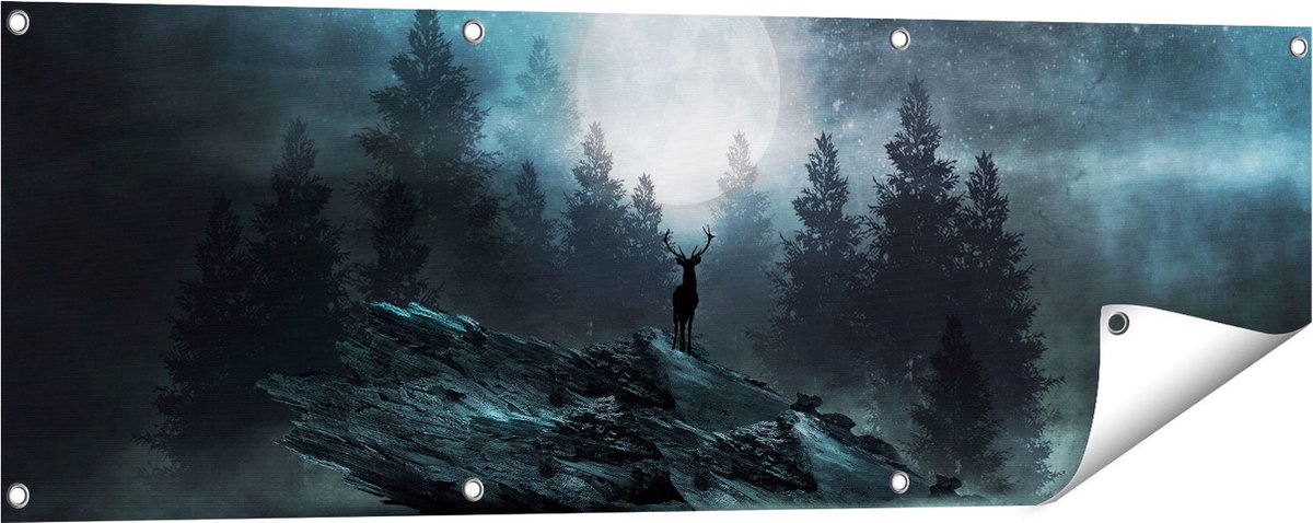 Gards Tuinposter Hert op een Rots tijdens Volle Maan - 120x40 cm - Tuindoek - Tuindecoratie - Wanddecoratie buiten - Tuinschilderij Multikleur