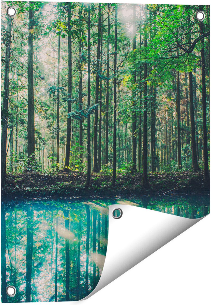 Gards Tuinposter Bos bij een Groen Meer - 40x50 cm - Tuindoek - Tuindecoratie - Wanddecoratie buiten - Tuinschilderij Multikleur