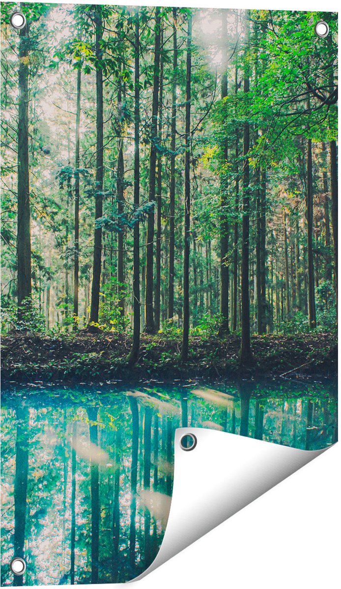 Gards Tuinposter Bos bij een Groen Meer - 40x60 cm - Tuindoek - Tuindecoratie - Wanddecoratie buiten - Tuinschilderij Multikleur