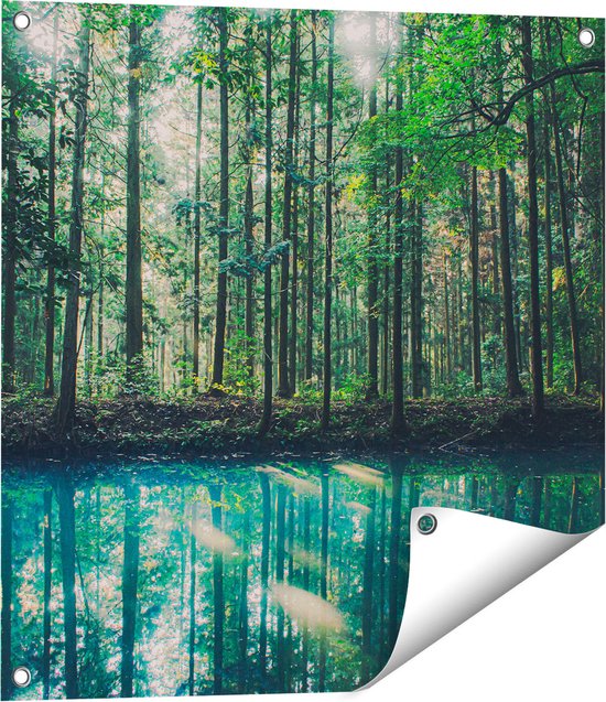 Gards Tuinposter Bos bij een Groen Meer - 60x60 cm - Tuindoek - Tuindecoratie - Wanddecoratie buiten - Tuinschilderij