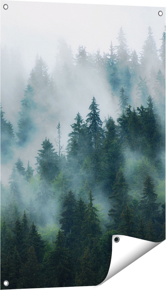 Gards Tuinposter Bos met Bomen in de Mist - 60x90 cm - Tuindoek - Tuindecoratie - Wanddecoratie buiten - Tuinschilderij Multikleur