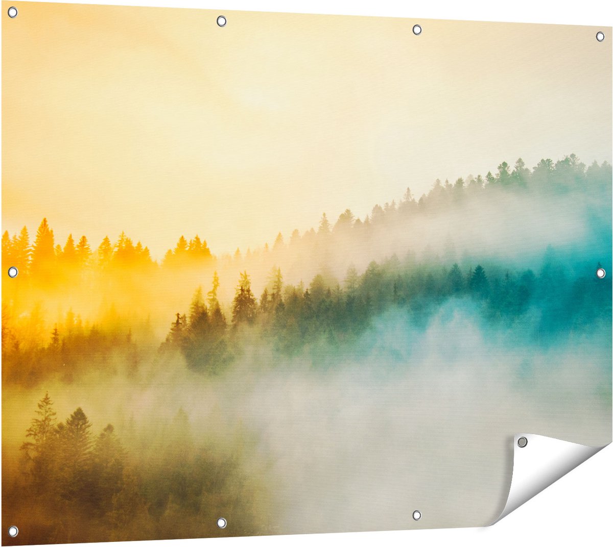 Gards Tuinposter Kleurrijke Zonsopgang in het Bos met Mist - 120x90 cm - Tuindoek - Tuindecoratie - Wanddecoratie buiten - Tuinschilderij Multikleur
