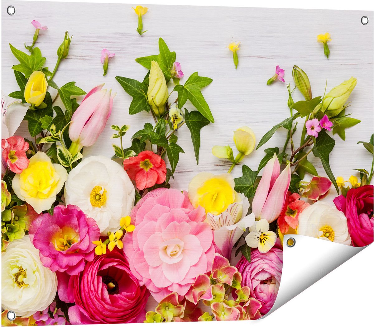 Gards Tuinposter Bloemen op een Witte Houten Achtergrond - 80x60 cm - Tuindoek - Tuindecoratie - Wanddecoratie buiten - Tuinschilderij Multikleur