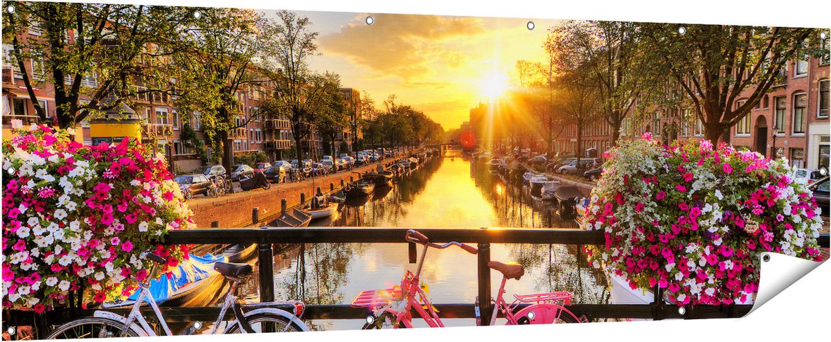 Gards Tuinposter Amsterdamse Brug met Zonsopgang - 210x70 cm - Tuindoek - Tuindecoratie - Wanddecoratie buiten - Tuinschilderij Multikleur