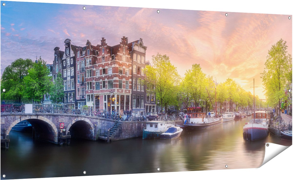Gards Tuinposter Amsterdamse Grachten - 200x100 cm - Tuindoek - Tuindecoratie - Wanddecoratie buiten - Tuinschilderij Multikleur