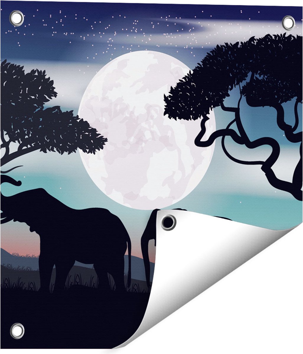 Gards Tuinposter Olifanten Silhouet tijdens Volle Maan - 40x40 cm - Tuindoek - Tuindecoratie - Wanddecoratie buiten - Tuinschilderij Multikleur