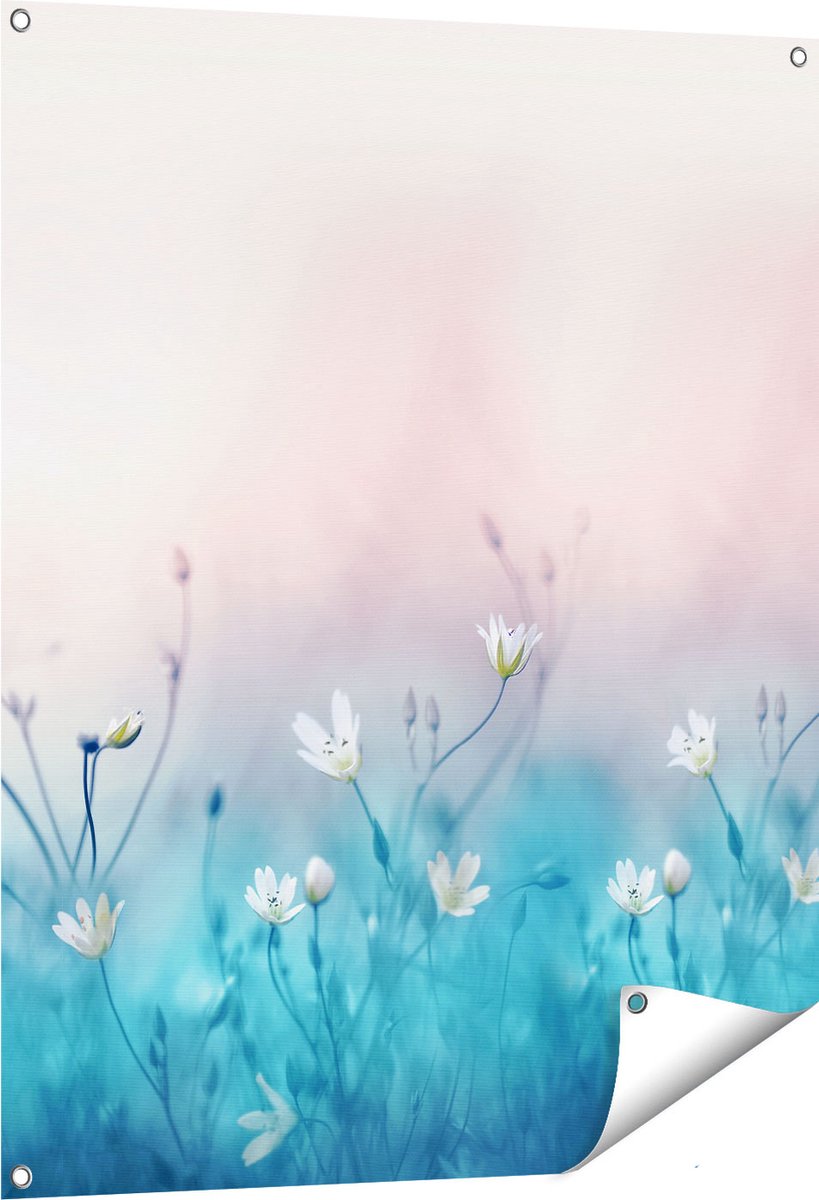 Gards Tuinposter Witte Bloemen op een Blauw Achtergrond - 80x100 cm - Tuindoek - Tuindecoratie - Wanddecoratie buiten - Tuinschilderij Multikleur