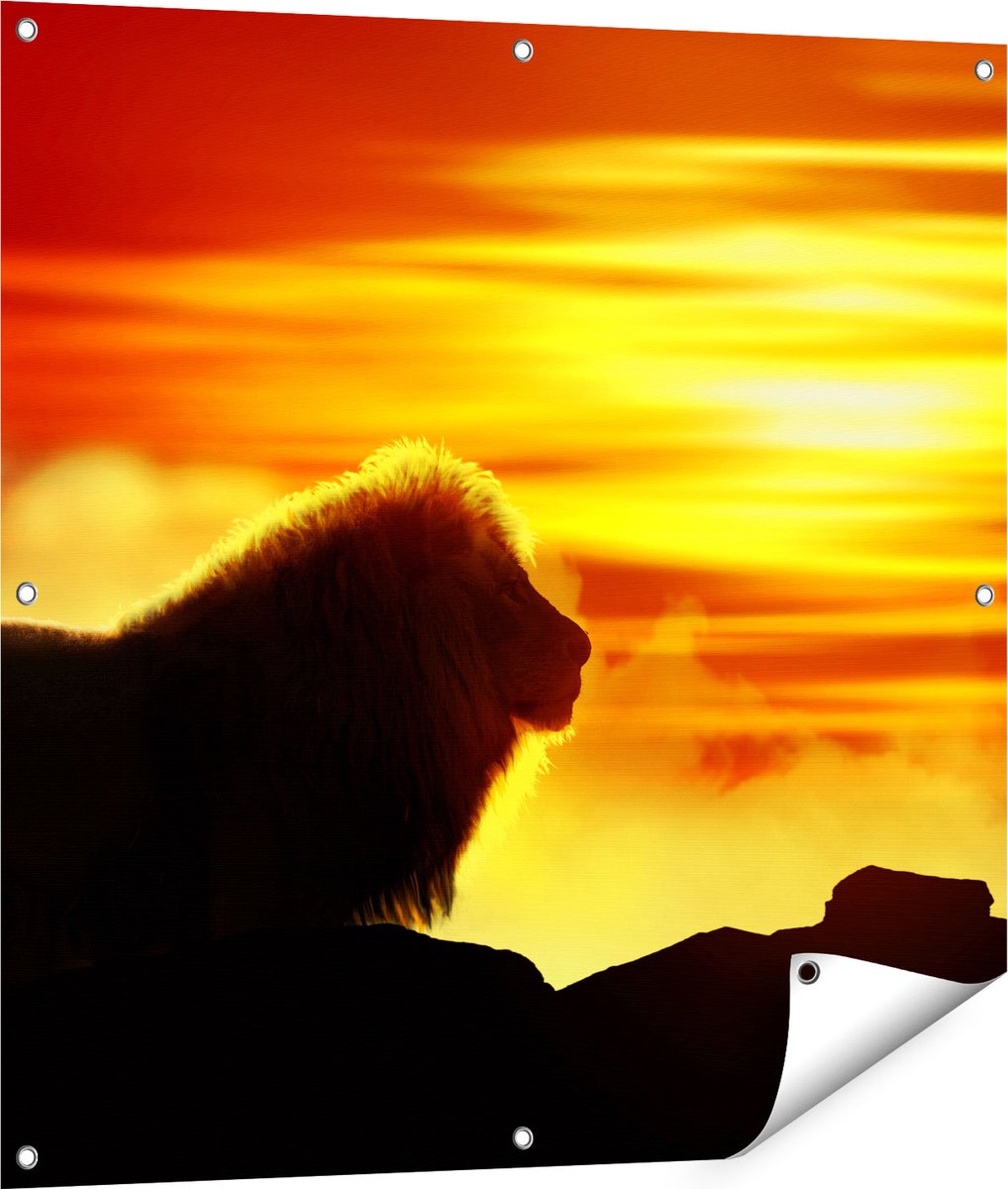 Gards Tuinposter Leeuw en Tijger - Silhouet - Zonsopkomst - 90x90 cm - Tuindoek - Tuindecoratie - Wanddecoratie buiten - Tuinschilderij Multikleur