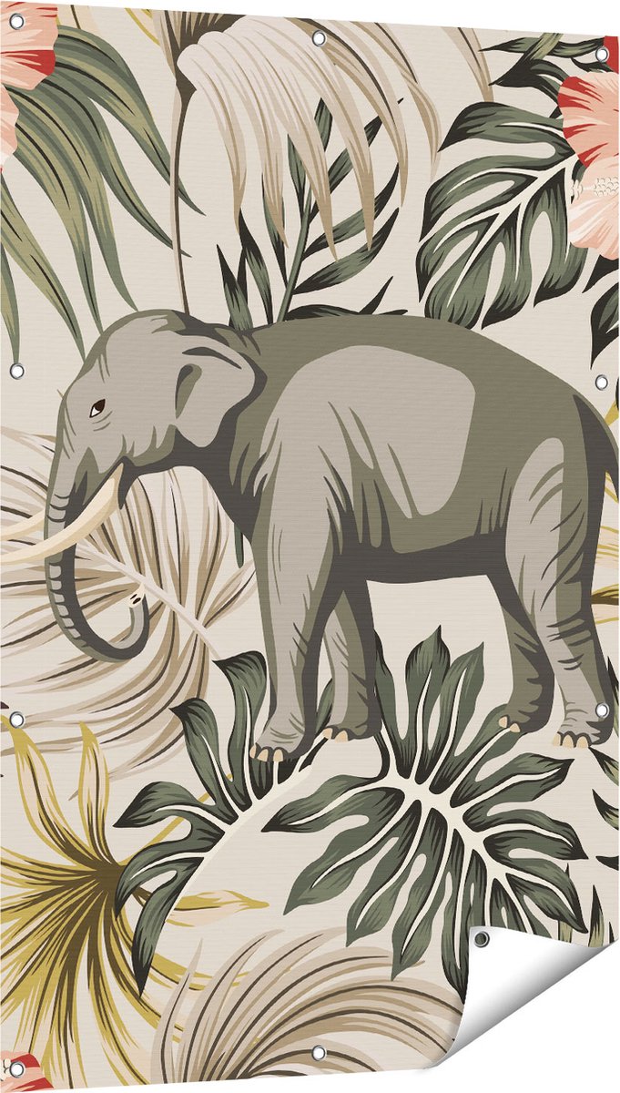 Gards Tuinposter Tropisch Getekende Olifant - Abstract - 80x120 cm - Tuindoek - Tuindecoratie - Wanddecoratie buiten - Tuinschilderij Multikleur