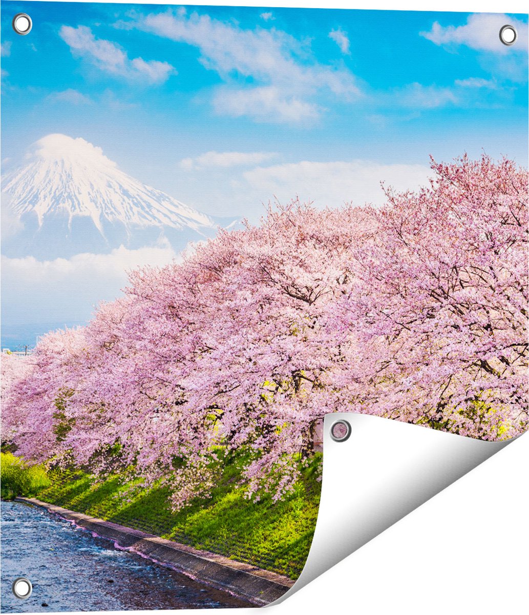 Gards Tuinposter Roze Bloesembomen bij de Fuji Berg - 50x50 cm - Tuindoek - Tuindecoratie - Wanddecoratie buiten - Tuinschilderij Multikleur