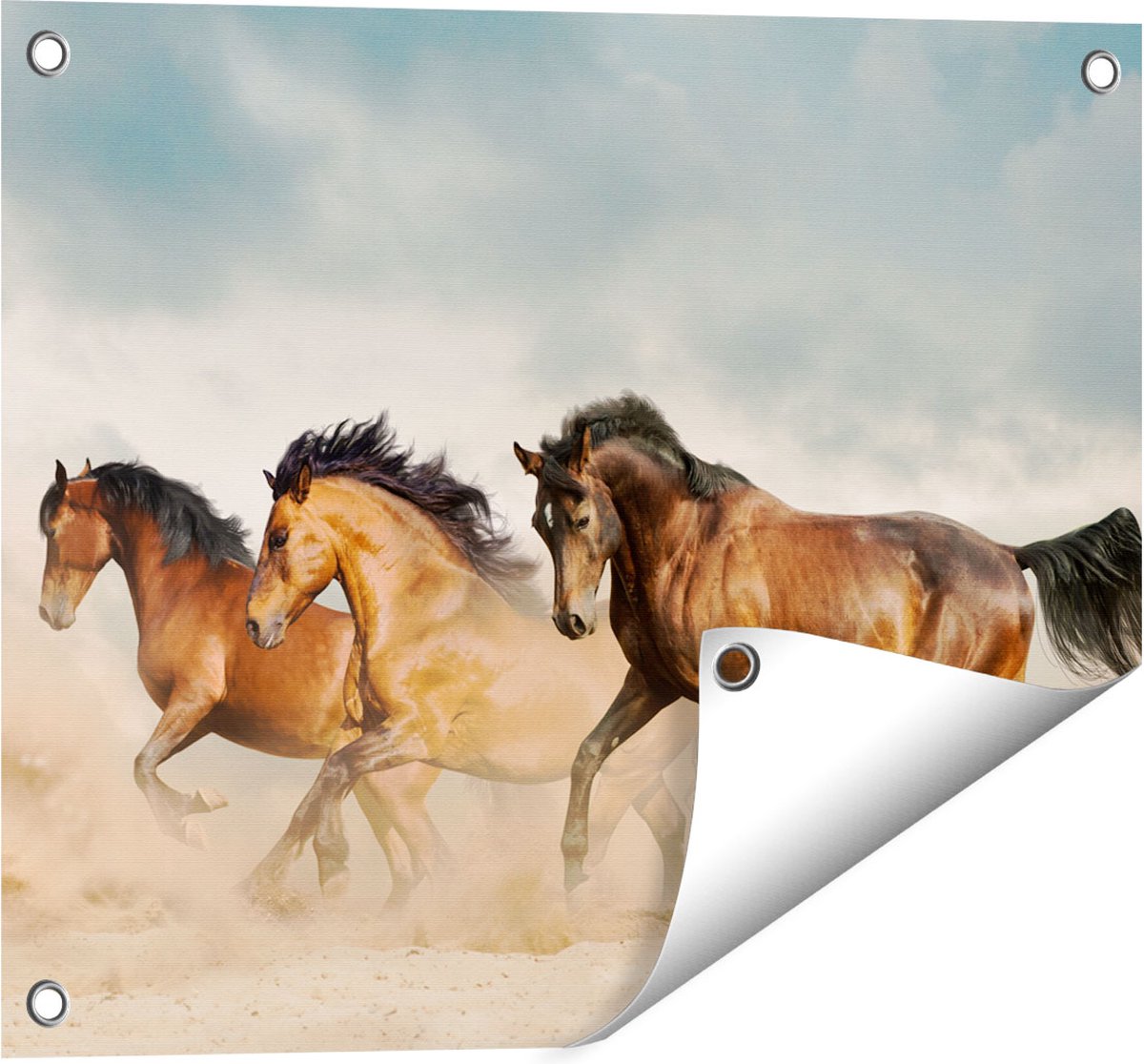 Gards Tuinposter Drie Bruine Paarden - 50x40 cm - Tuindoek - Tuindecoratie - Wanddecoratie buiten - Tuinschilderij Multikleur
