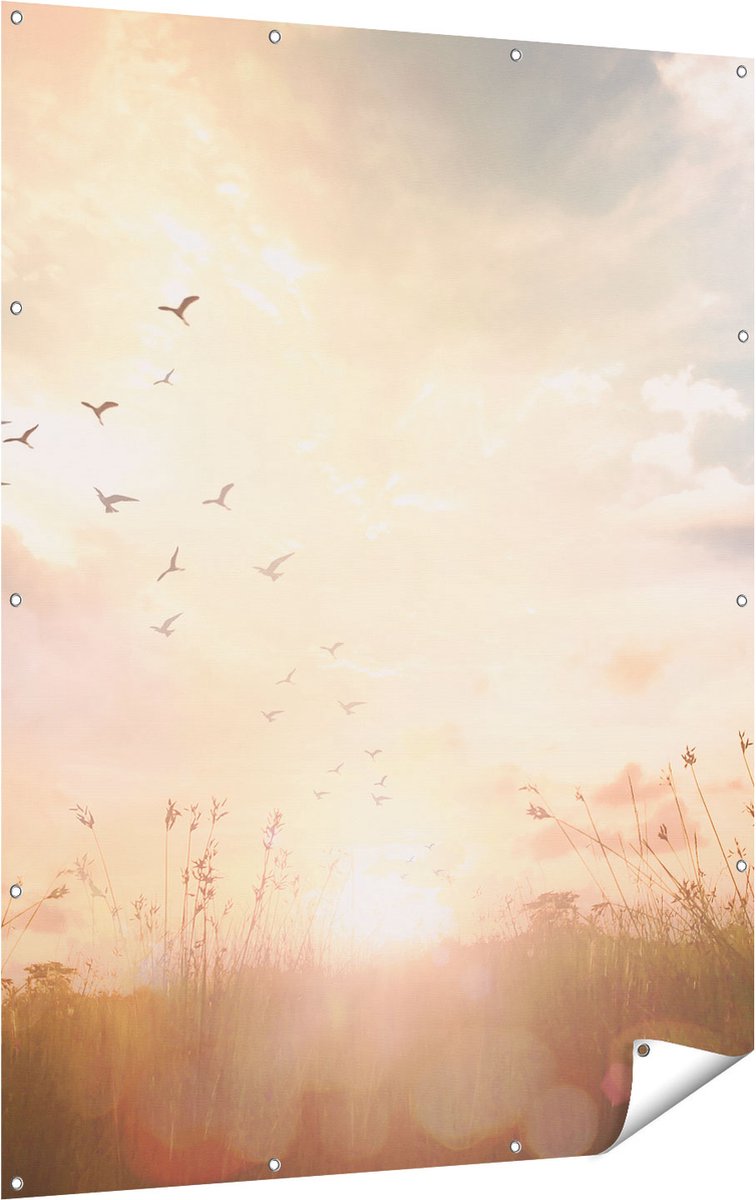 Gards Tuinposter Silhouet Vogels tijdens Zonsopkomst - 120x160 cm - Tuindoek - Tuindecoratie - Wanddecoratie buiten - Tuinschilderij Multikleur