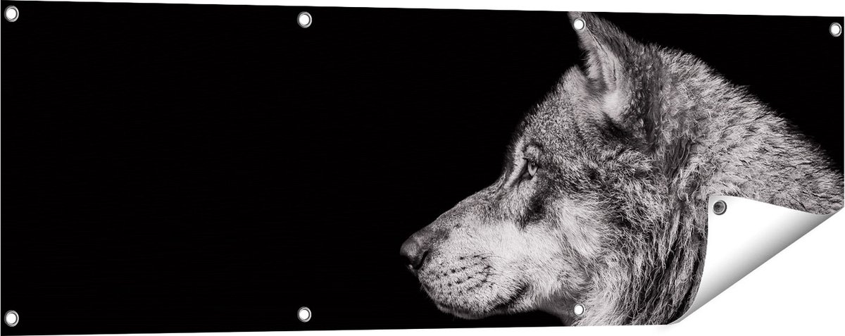 Gards Tuinposter Wolvenkop - Wolf - Zwart Wit - 120x40 cm - Tuindoek - Tuindecoratie - Wanddecoratie buiten - Tuinschilderij Multikleur