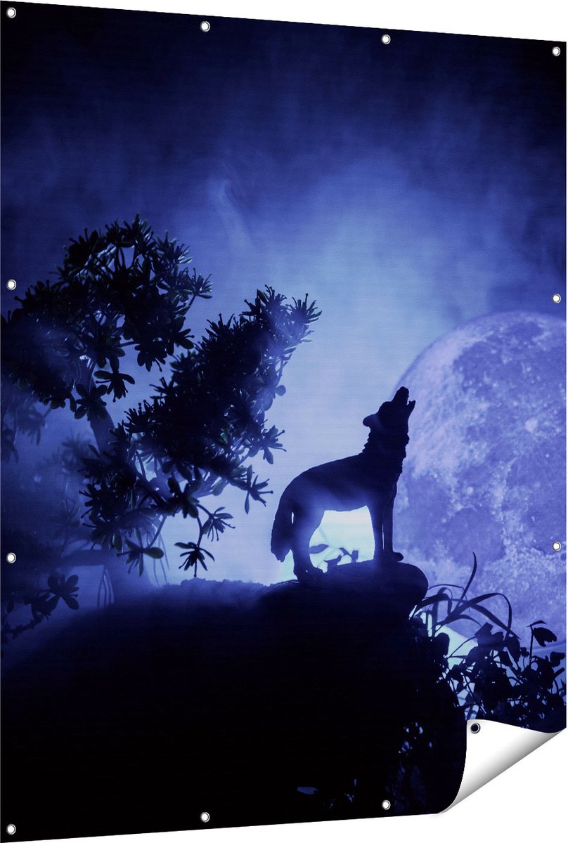 Gards Tuinposter Huilende Wolf in Silhouet bij Volle Maan - 120x150 cm - Tuindoek - Tuindecoratie - Wanddecoratie buiten - Tuinschilderij Multikleur