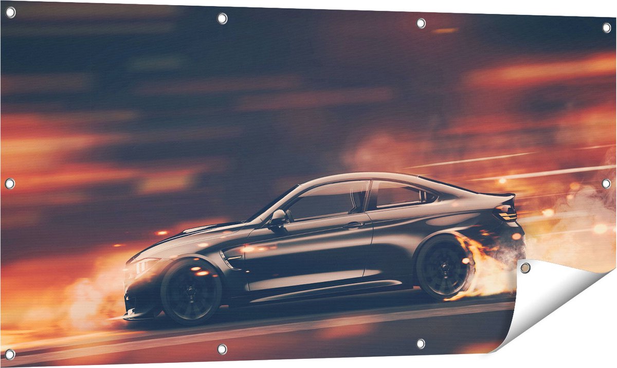 Gards Tuinposter Zwarte Sportwagen Auto met Vlammen - 120x60 cm - Tuindoek - Tuindecoratie - Wanddecoratie buiten - Tuinschilderij Multikleur
