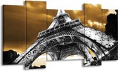 GroepArt - Schilderij - Eiffeltoren - Grijs, Bruin, Zwart - 120x65 5Luik - Foto Op Canvas - GroepArt 6000+ Schilderijen 0p Canvas Art Collectie - Wanddecoratie