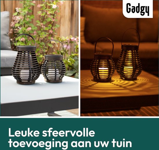 Gadgy Rotan Solar Tafellamp voor buiten - Led Tuinverlichting op Zonneenergie - Tuinlantaarn met Dag/Nacht Sensor - Solar Tuinverlichting - Verlichting voor buiten - Set van 2