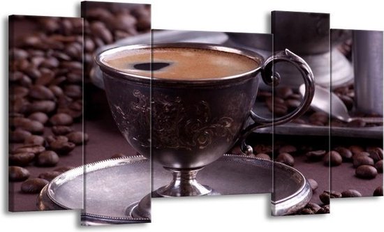 GroepArt - Schilderij - Koffie - Wit, Bruin - 120x65 5Luik - Foto Op Canvas - GroepArt 6000+ Schilderijen 0p Canvas Art Collectie - Wanddecoratie