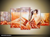 Schilderij -  Sexy - Naakte Vrouw - Rood, Crème - 150x70cm 5Luik - GroepArt - Handgeschilderd Schilderij - Canvas Schilderij - Wanddecoratie - Woonkamer - Slaapkamer - Geschilderd Door Onze Kunstenaars 2000+Collectie Maatwerk Mogelijk