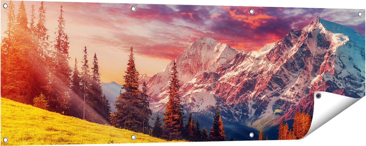Gards Tuinposter Alpen Landschap met een Kleurrijke Hemel - 150x50 cm - Tuindoek - Tuindecoratie - Wanddecoratie buiten - Tuinschilderij Multikleur