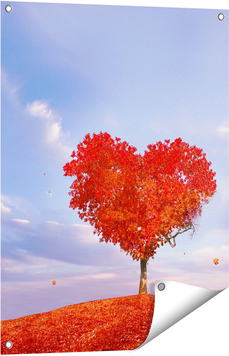 Gards Tuinposter Rode Liefde Boom in een Hart Vorm - 60x80 cm - Tuindoek - Tuindecoratie - Wanddecoratie buiten - Tuinschilderij Multikleur