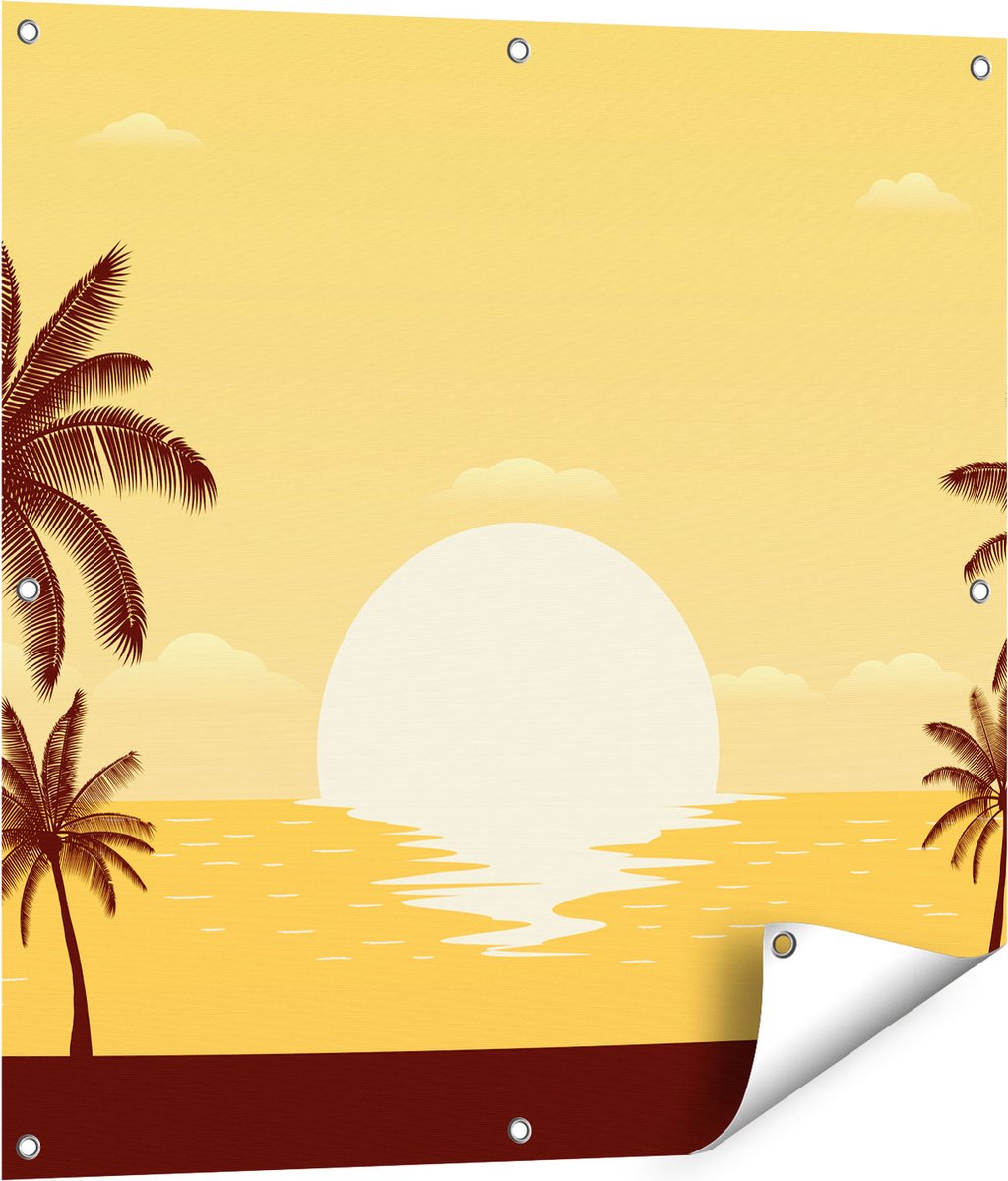 Gards Tuinposter Zonsondergang met Palmbomen - Abstract - 80x80 cm - Tuindoek - Tuindecoratie - Wanddecoratie buiten - Tuinschilderij Multikleur