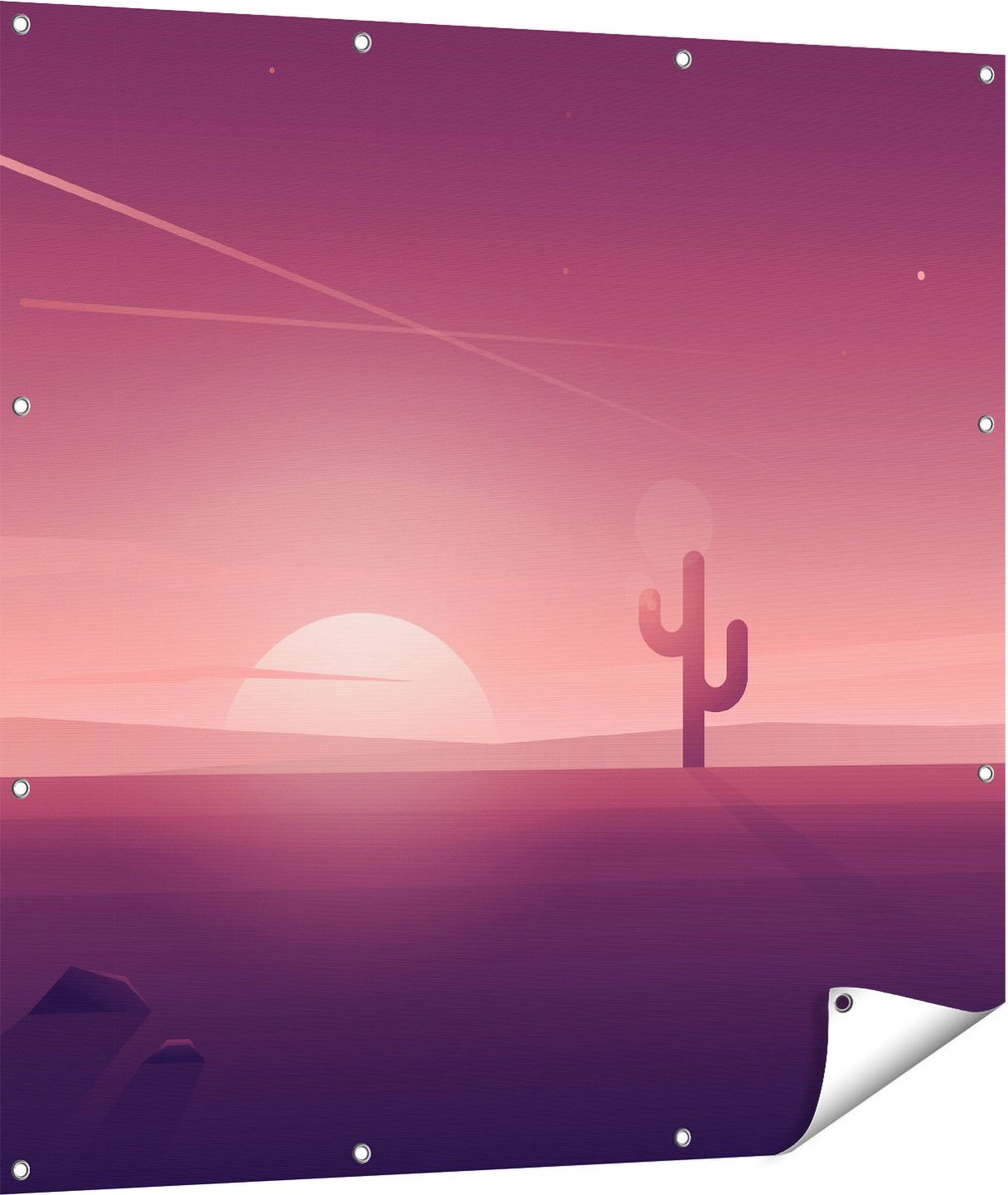 Gards Tuinposter Zonsondergang in de Woestijn met een Cactus - 110x110 cm - Tuindoek - Tuindecoratie - Wanddecoratie buiten - Tuinschilderij Multikleur