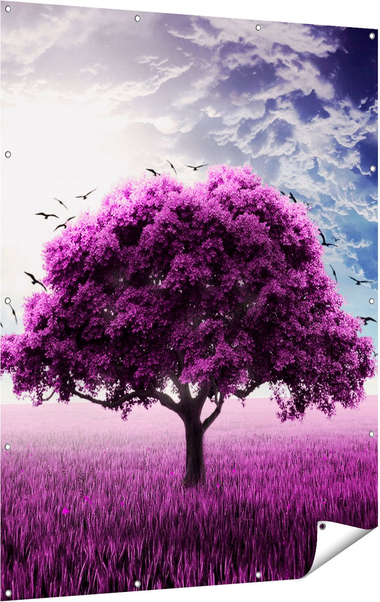 Gards Tuinposter Paarse Boom in het Paars Veld met Vogels - 120x160 cm - Tuindoek - Tuindecoratie - Wanddecoratie buiten - Tuinschilderij Multikleur