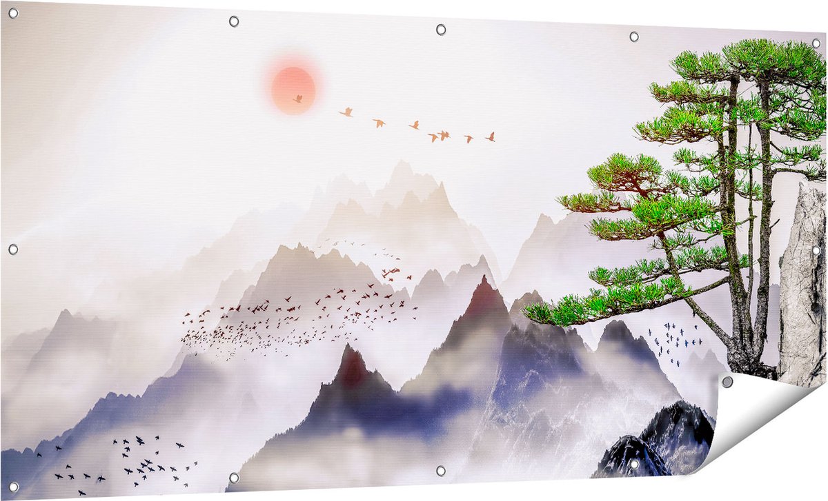 Gards Tuinposter Bergenlandschap met een Boom - Abstract - 160x80 cm - Tuindoek - Tuindecoratie - Wanddecoratie buiten - Tuinschilderij Multikleur