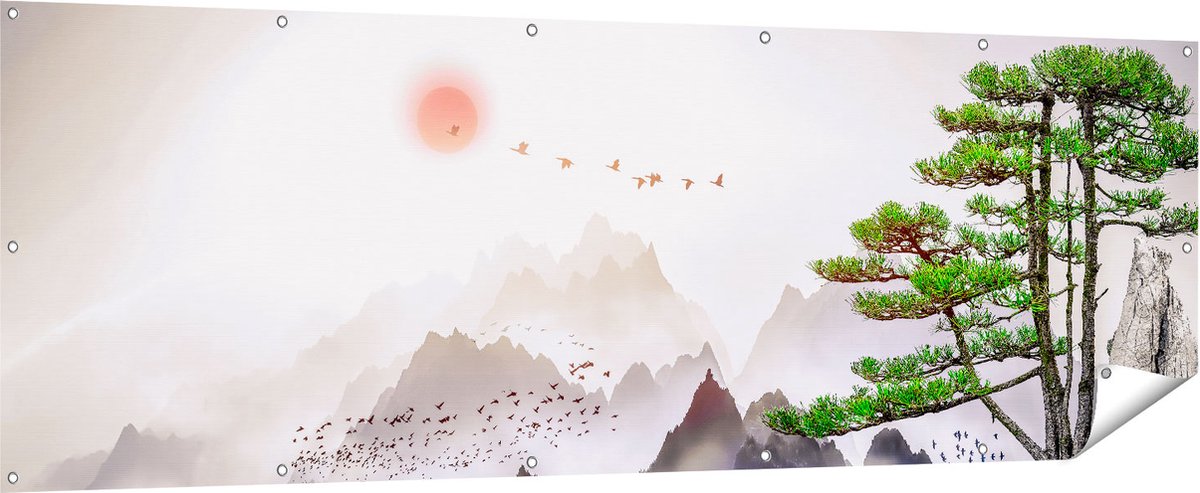 Gards Tuinposter Bergenlandschap met een Boom - Abstract - 210x70 cm - Tuindoek - Tuindecoratie - Wanddecoratie buiten - Tuinschilderij Multikleur