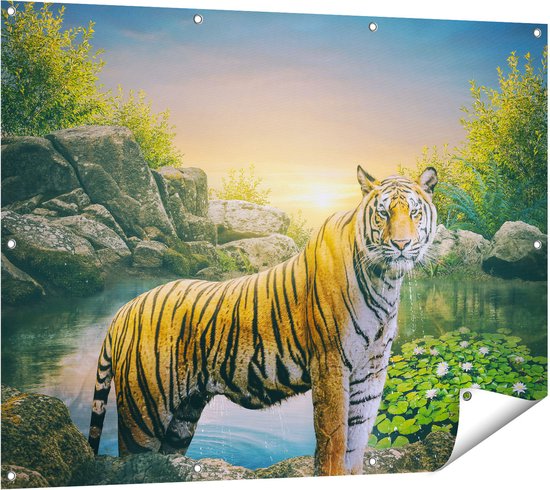 Gards Tuinposter Luipaard in een Vijver bij Zonsondergang - 120x90 cm - Tuindoek - Tuindecoratie - Wanddecoratie buiten - Tuinschilderij