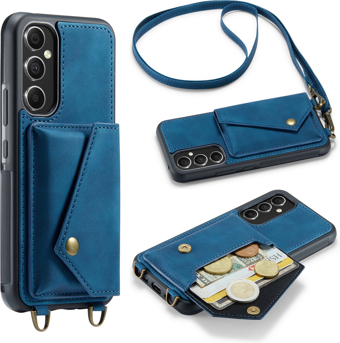 Casemania Hoesje Geschikt voor Samsung Galaxy A54 - Navy Blue - Luxe Backcover met Koord en Magnetische Sluiting - Portemonnee Wallet Case met Pasjeshouder en Opbergvak - Lanyard Telefoonhoes - Cord Case