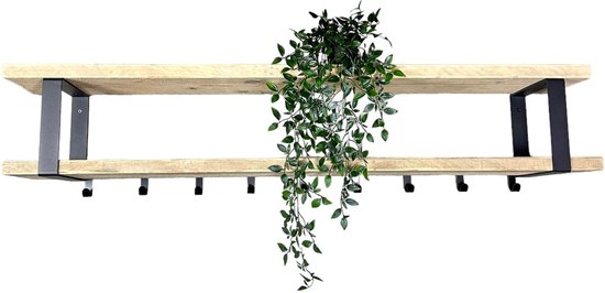 ACAZA Hangende Kapstok met Plank voor Planten, Sleutels of Sjaals, 7 Haken en Bar voor Kledinghangers, Industrieel, Bruin Zwart