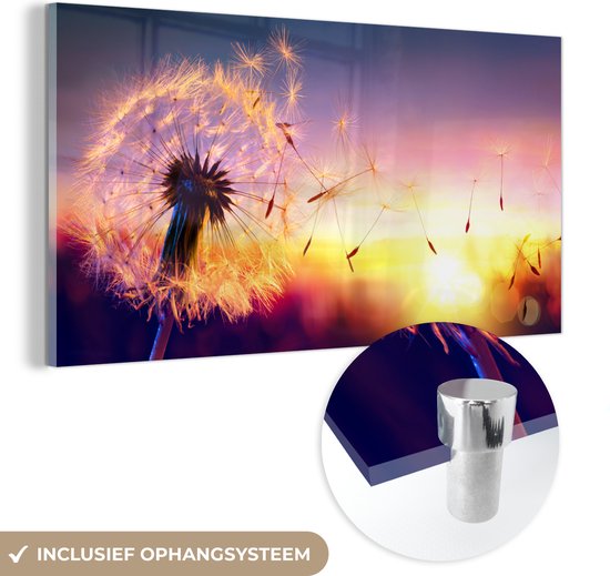 Glasschilderij - Schilderij bloemen - Paardenbloem - Bloemen - Zonsondergang - Natuur - Acrylglas - Wanddecoratie natuur - Foto op glas - Glazen schilderij - 120x60 cm - Schilderijen woonkamer