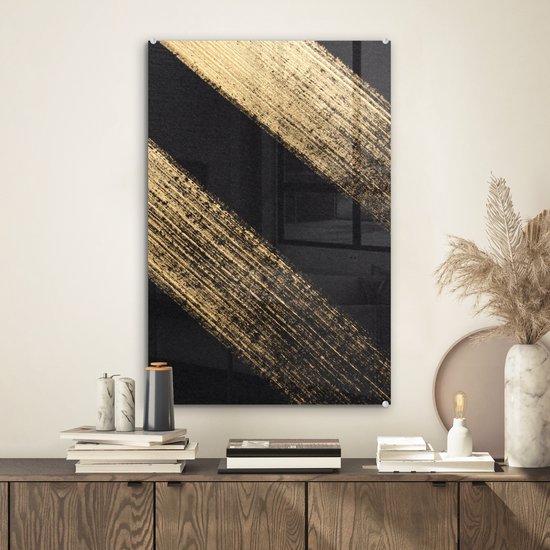 Peinture sur Verre - Stries de Peinture Dorées sur Fond Noir - 40x60 cm - Peintures sur Verre Peintures - Photo sur Glas