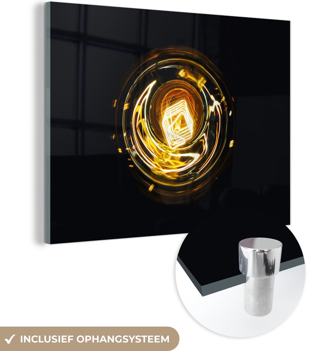 ® Glasschilderij 120x90 cm - Schilderij acrylglas - Gloeilamp - Goud - Zwart - Luxe - Foto