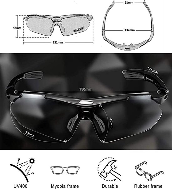 Rockbros Fietsbril - Gepolariseerde Sportbril Set - 5 Verwisselbare Lenzen - UV-Schutzbeschichtung - Zwart - Rockbros