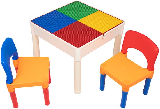 Kindertafel met 2 Stoeltjes - Speeltafel met bouwplaat en vlakke kant - Geschikt voor Lego® & Duplo® Bouwstenen