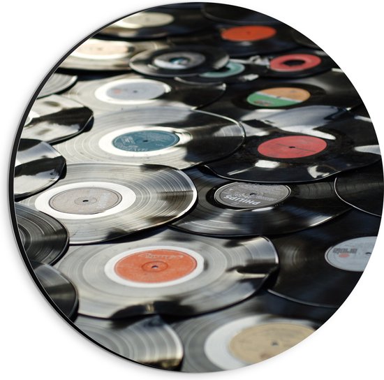 Dibond Muurcirkel - Verschillende Muziekplaten met Verschillende Kleuren - 20x20 cm Foto op Aluminium Muurcirkel (met ophangsysteem)