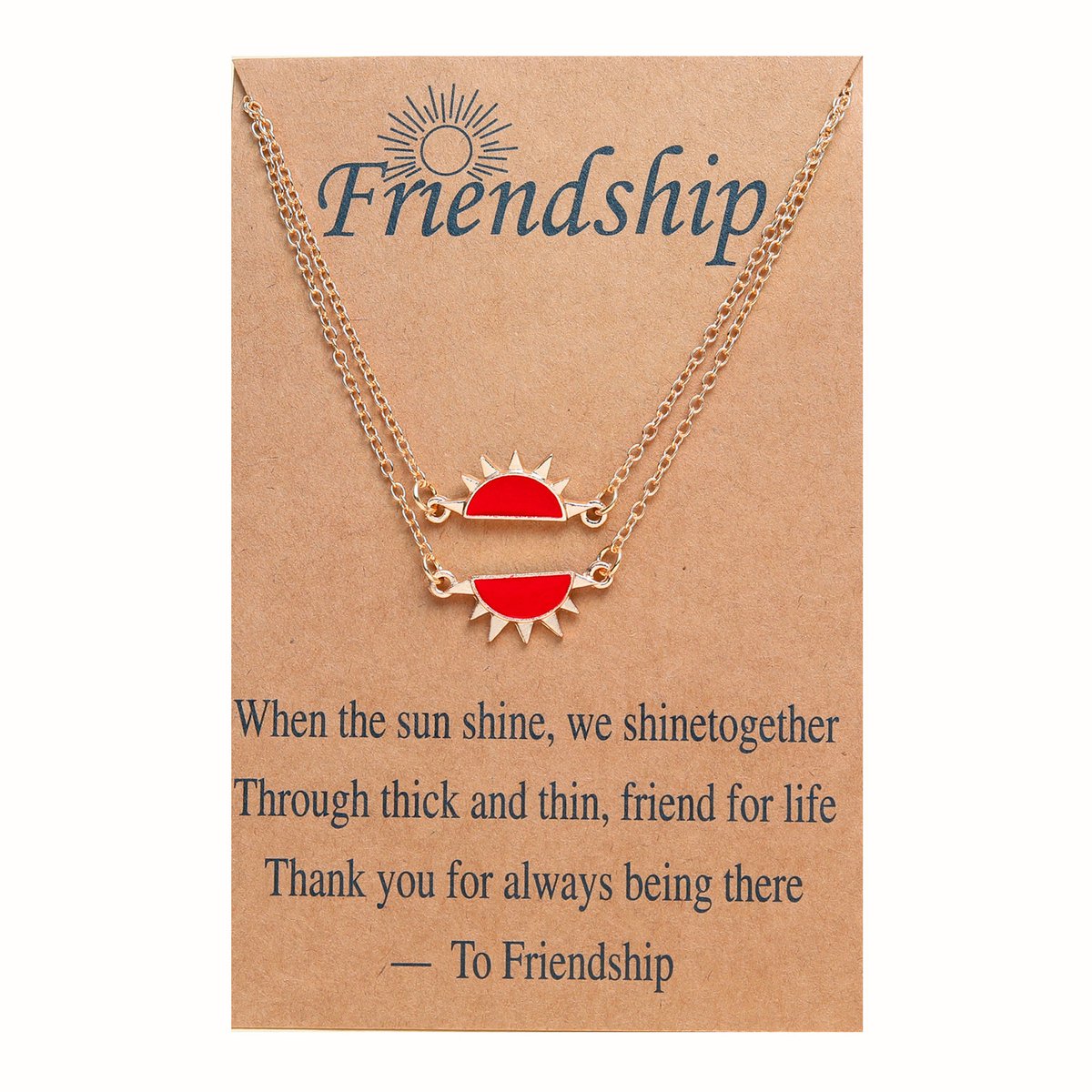 BFF Ketting voor 2 met Zon Rood - Goudkleurig Koord - Vriendschapsketting met Cadeau kaartje - Pax Amare
