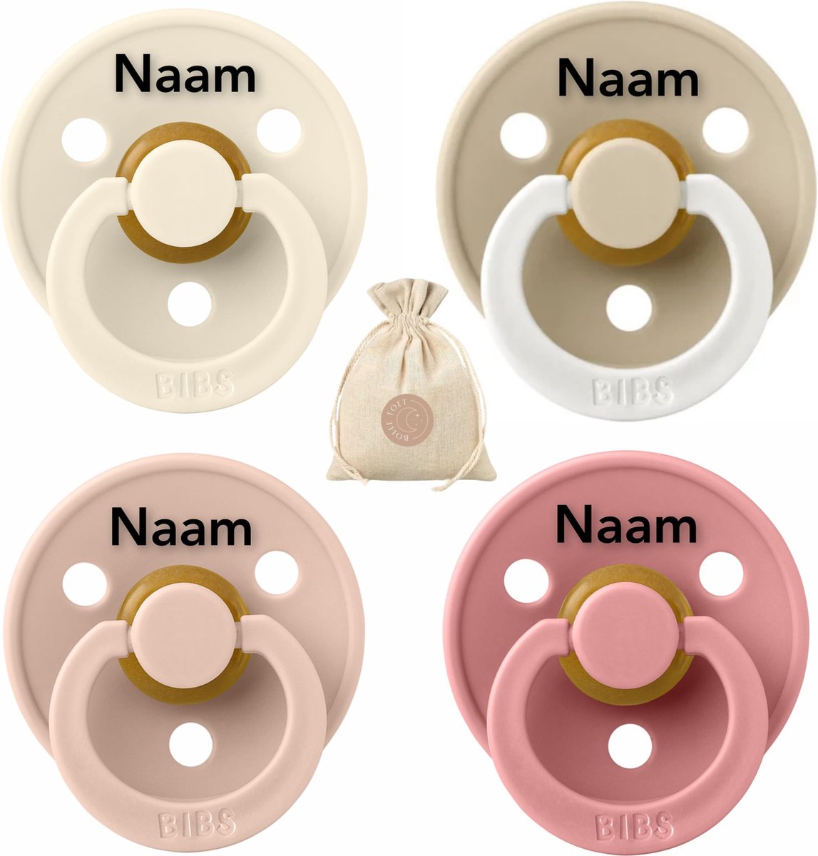 Goedkoopste BIBS fopspenen met naam - T1 -Dusty Pink , Ivory, Blush en Glow vanilla - 0-6 maanden - spenen - speen - fopspeen - BolleToet speenzakje